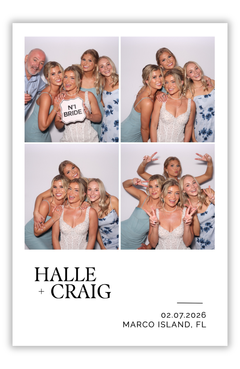 Sarasota Wedding Photo Booth Rental | Luxury Bridal Party Experience Wedding photo booth template featuring bride and bridesmaids posing with fun expressions and “No.1 Bride” sign at Sarasota, Florida wedding.